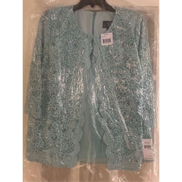 Alex Evenings size 1X turquoise dress jacket Sequin Lace Chiffon Round Neck 3/4 - Picture 5 of 7